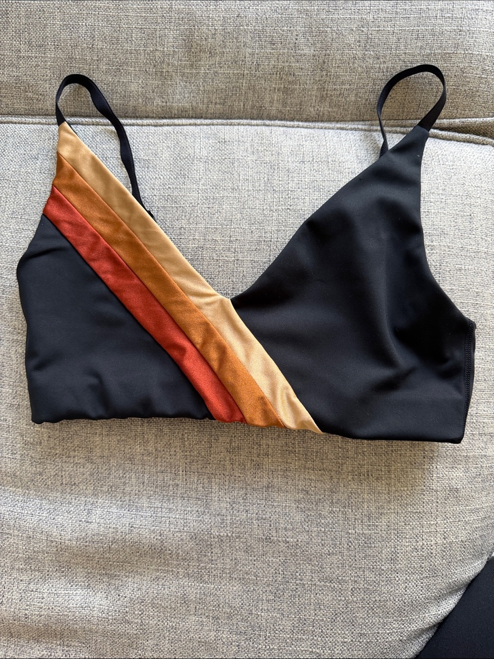 Black Strappy Women’s Bra Top with Rust and Gold Diagonal Stripes